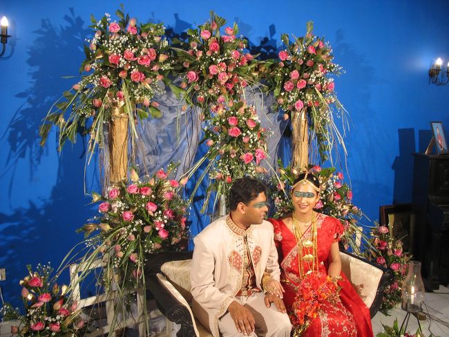 ホームカミング用に新郎から<br />送られた赤のサリー。<br />頭の装飾やネックレスなどには<br />意味があるらしい。<br />伝統というわけだ。<br /><br />安全ピンだのが相当数使われているようで、<br />脱ぐのに１時間半かかったと言っていた。<br />