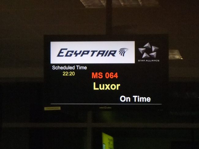 ルクソールに向かうため、カイロの空港へ行きます。飛行機のチケットは添乗員さんから配られます。スーツケースを持っているみなさんはカウンターへ行って預けます。わたしは手荷物だけなのでそのまま進んでみなさんを待ちます。全員そろったところで一緒にゲートへ。もちろん、途中でセキュリティチェックがあります。２２時５０分ころ搭乗しました。機内は通路の両側に３座席ずつあるタイプです。１時間のフライトなので機内食はありませんが、紙パックのジュースが出ました（わたしはオレンジジュースを選びました）。２３時５０分ころ到着。