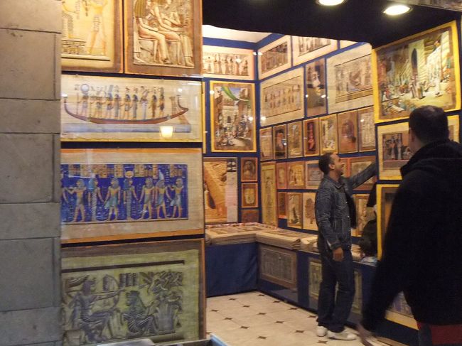 パピルス屋さんです。他にも色々な店があるようです。他に知っている見所もないので帰ることにします。宿泊先のソフィテル・カルナックには、無料のシャトルバスのサービスがあります。最終時刻は１９時半だと聞いているので、まだ早いですが行ってみます。乗り場は確かウィンターパレスホテルの前でしたが、バス停が見当たらず人影もありません。諦めてタクシーに乗ることも考えますが、停まっているタクシーも見当たりません。アーユーコリアン？道端に何台も停まっている馬車のお兄さんの一人が話しかけてきました。こういうやつはボッタクリに決まっています。でも他に選択肢がありません。ホテルまでタクシーなら５ドルくらいと聞いていましたので、交渉して４ドルにしてもらいます。こうした馬車は初挑戦です。乗ります。進みます。方向が違います。ははは、ソフィテルならシャトルバスがあるさ。さては騙したな。知っているならシャトルバスまで案内しなさい。まだ時間があるさ。案内してくれたのは店。こら、こんな所に興味はない。じゃあ乗って、馬を操縦するかい。操縦席に乗ります。