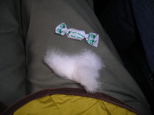 離陸前に耳栓用の綿(本当にただの綿)とキャンディーが配られる。