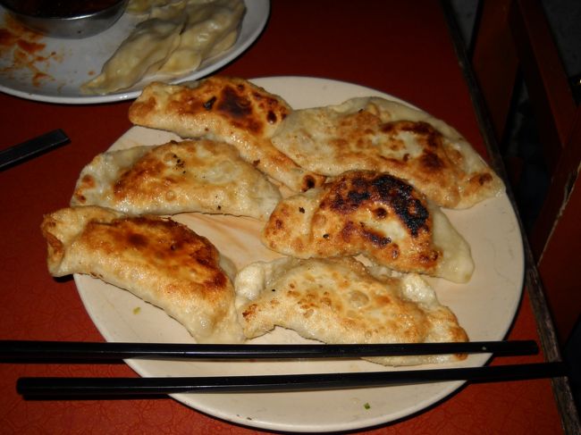 「Gyoza」・・餃子です。日本風の。具は春巻きの具のように炒めて味付けしてある感じ。一応醤油と酢を持って来てくれたけれど、そのままで充分美味しい。こんがり焼けた皮がまたイイ。<br /><br />こんなに何もかもが大盛りの店とは知らなかったので、全部は食べられなかった。<br />ビールもこっちは大瓶。知らずに２本も頼んでしまったのでお腹はちきれそうになった。<br /><br />〆て550ルピー。<br /><br />途中から、隣のテーブルにいた長期の旅をしているという日本人男性、翌日からマチャプチュレへのトレッキングに出かけるという女性と盛り上がる。いろいろな話が聞けて楽しい夜だった。今まだ２人ともネパールにいるんだろうな・・元気に旅を続けておられることを祈って・・