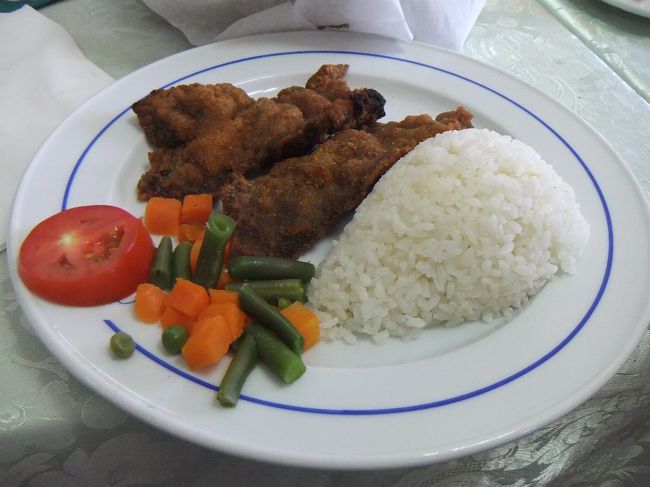 メインはコロモつきの肉でした。味があまりありません（わたしには許容範囲です）。デザートも確か出たと思いますが、何だったか忘れました。昼食後、レストランの前でしばらく待ちます。ようやくバスが来ます。マイクロバスのようなボロいバスです。窮屈です。１３時５０分出発。