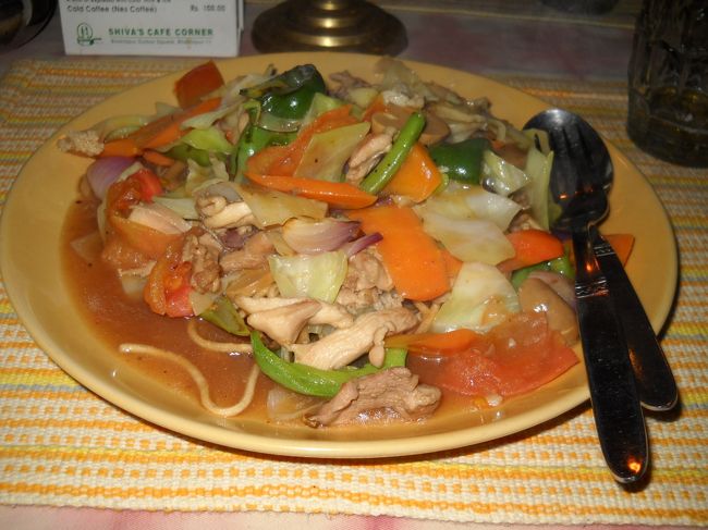 暗くなってから夕食に出かける。<br />お寺からはお祈りの歌(?)が聞こえ、広場には揚げ物やモモの屋台が出て賑わっている。<br /><br />街中はかなり暗くて懐中電灯なしでは歩けないほどなのだが、地元の人は平気みたい。目が良いのか、慣れなのか？<br /><br />ダルバール広場に面しているレストランに入る。(店名不明)<br /><br />「チャプスイ」・・皿うどん？揚げた麺に野菜たっぷりのあんがかかっている。<br />