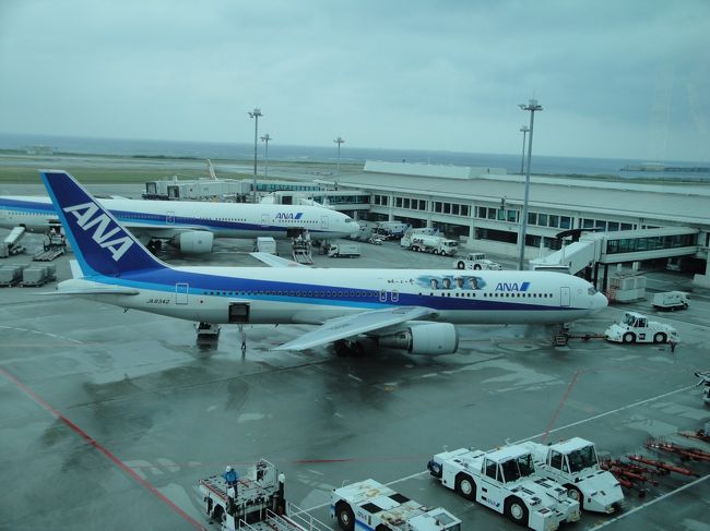 雨天のため早めに那覇空港にもどりました。<br />写真　ANA B767　「坂の上の雲」