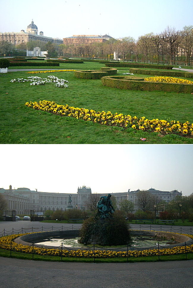 6日目。朝6時起床。2日間泊まったこのペンションともお別れ。 <br />普通の部屋だったけどテーブルがあったので物書きしやすかったし（覚書のために毎晩日記を書いていた）、シェアシャワーの出も良かったし、なんだかんだで居心地良かったです。 <br />荷物をパッキングし、また7時ジャストに朝食に向かい、昨日と同じようにパンを1つだけかじってチェックアウト。 <br />バスが11時発なので10時15〜半くらいにはバスターミナルに行っておきたい。 <br />それまではウィーンで最後の自由散策です。 <br />どこに行こうか前の晩考えた結果、普通の建物は10時オープンなので、見学系のものより公園などを散歩しようということになりました。 <br />あまりよく見てなかった王宮近くをうろうろしたい。 <br /><br />U3に乗ってVolkstheater駅で降り、トラムに乗って市庁舎の写真だけパチリ。 <br />朝になればテントが撤去されて市庁舎だけ撮れるかなと思って行ったんですが、置かれたままでした。 <br />バイクイベントは数日にわたるイベントのようですね。 <br />道路を渡ってブルク劇場の横を通り、フォルクス庭園へ。 <br />王宮の敷地の隣にあるお庭です。かなり広い。 <br />まだ8時前なので観光客は私一人。あとはジョギングしている人が時々通るだけの静かな庭園。<br /><br />（上）ウィーンで見る刈り込みはいつも波状のものですね。 <br />（下）フォルクス庭園から臨む王宮。すぐ横は英雄広場です。