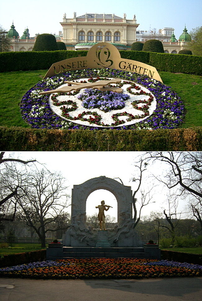 いくら時間が余っているからって、こんな調子でリンクをぐるぐる回っててもしょうがないのでまたトラムに乗って引き返し、先ほど見た公園前で下車。 <br />ここは市立公園らしいです。<br /><br />（上）入るとすぐに花時計が…！とってもきれい。 <br />（下）ここに黄金のヨハン・シュトラウス像がありました！ <br />有名だけどどこにあるのか調べていかなかったので、こんな偶然に見つけられてラッキー。 <br />逆光であまり金色なのが見えなくってごめんなさい。