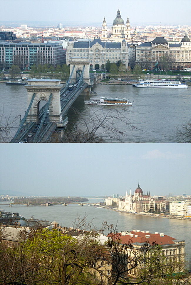 塀のあたりに人が固まっているので、そちらへ行ってみるとドナウ川とペストの街並みがきれいに見渡せて、疲れも一瞬吹き飛びました。 <br /><br />（上）くさり橋とその先に見えるのは聖イシュトバーン大聖堂。 <br />（下）川に面しているお城のような建物は国会議事堂です…！またこのレベルなのか！ <br /><br />日が少し傾きかけているので、朝や昼間のまぶしい感じはないけれど、情緒あふれる光景にしばし足を留めて浸っていました。 <br />丘を頑張って登ったのも報われる気持ちです。