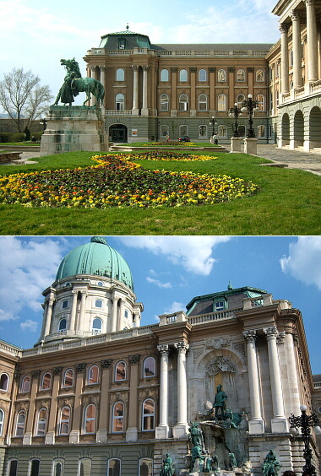 美術館は月曜休館のため、今日は閉まっています。 <br />なので横を通り抜け、違う広場に出て王宮周辺を激写することに専念しました。<br /><br />（上）お花のきれいな広場。 <br />（下）色が流れて少し汚くなっていることすら良い雰囲気を醸し出している彫刻たちと、さっき見切れていたドーム。 <br /><br />王宮の横にはブダペスト歴史博物館もありましたが、軽やかにスルーして王宮の周りの見学は終了。 <br />移動して教会の周りを散策することに。