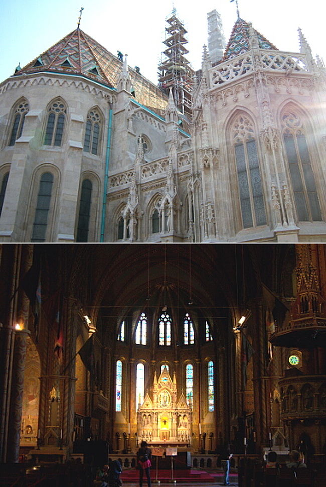 工事が始まる前か終わった後に来たかったなぁと思うけど、それは私にはどうすることも出来ないので外観を眺めるのはやめて入場。 <br />チケット代は学割で450フォリント。 <br />チケットを見せる時、おじさんから「日本人？」と聞かれました。ここに来る日本人は多いみたい。 <br /><br />（上）逆サイドから工事中でない部分を撮ればそれなりにいい感じに見えるマーチャーシュ教会。 <br />（下）教会の内部。仄暗い明かりの中、壁一面に描かれた幾何学模様に目を奪われました。 