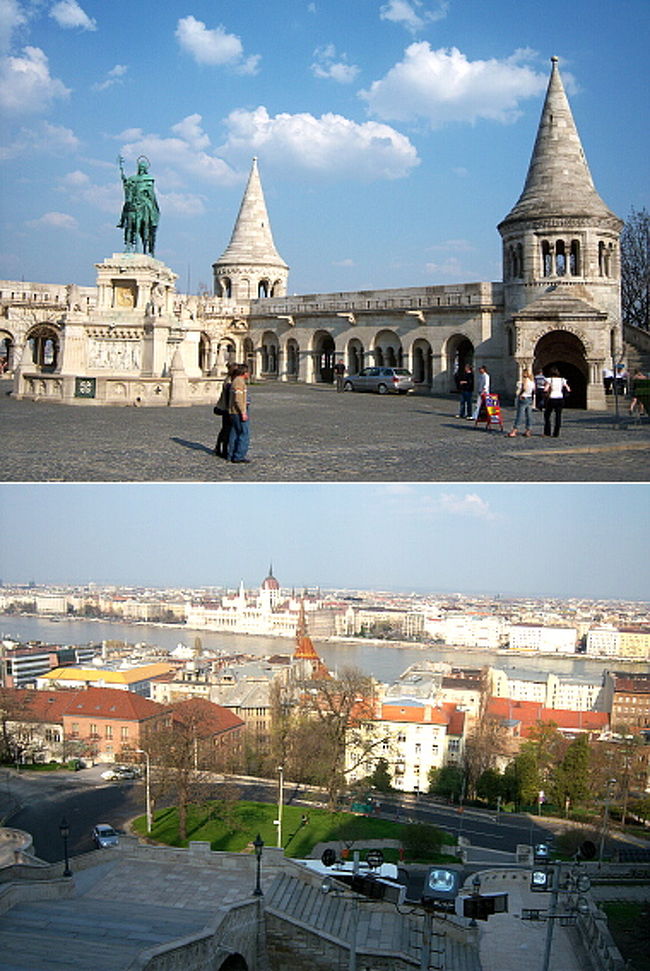 マーチャーシュ教会を出ると、白い石灰岩の回廊が続き、ドナウ川を見下ろすことができます。 <br />窓のようになっている回廊の枠に腰かけて、景色を堪能。 <br />