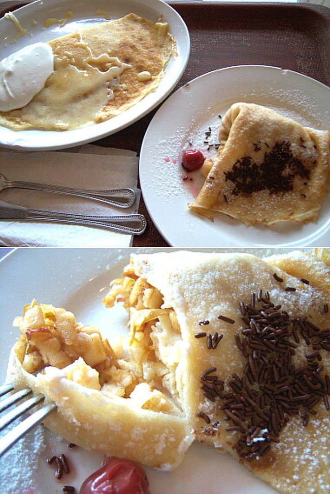 よし、食べよう！と柱に貼ってあるメニューを見ると全部ハンガリー語！？ <br />確かに横に書いてある値段は安いけれど、メニューが読めなきゃオーダーも出来ない。 <br />しかも柱に座席に座ってメニュー表を見ながらオーダーではなく、壁や柱に貼ってあるメニューを自分で言わなきゃいけないタイプ。 <br />メニュー表があれば指さしてコレ！と言えるんですが、発音もわからないのにどうやって頼めば…（呆然） <br />店構えは1件のレストラン風ですが、中は回転の早い普通のクレープ屋さんって感じなので地元の人ばっかりだし。 <br />私より一足早く入ったアジア系の顔の2人組がいたので、彼らが英語で注文できるならそれで乗り切りたい…と盗み聞きしたらハンガリー語喋ってて驚愕。ペラペラかよ！！ <br />注文段階で完全に絶望したものの、朝から小さいパン2個（ホステルで出た朝食）しか食べてないので空腹も限界。 <br />たくさんあるメニューのほとんどはわからないけど、事前にいくつか食材をハンガリー語で書きだしてきていたことが幸いして、チーズやハムといったメニューは理解できました。 <br />オーダー時は発音できないので、その自筆の紙を見せて名前を指さし、伝えました。 <br />事前の下準備がこれほど役に立ったことはあっただろうか…。 <br />それでちゃんと希望通りのものが出てきたんだから感動ですよ。 <br />メニューの中に変なものは混じってないだろうから、あてずっぽうに選んで紙に書いて渡しても良かったかな。 <br />…まぁこれは後で思いついたことなので、入店していた時にはどうにか知ってる食材のパラチンタを…！と必死になってたんですけど。笑 <br />お金を払ってそのまま2分くらいその場で待ち、トレーに乗せて2階席まで階段で。 <br />座った席はちょうど目の前が国会議事堂で、安いもの食べてるわりにリッチな眺め。 <br /><br />注文したのはサワークリームと、リンゴのパラチンタ。 <br />そう言えば書き忘れていましたが、チェコで食べたパラチンキとハンガリーのパラチンタは呼び方が違うだけで、どちらも同じ薄いクレープを指します。 <br />サワークリームはクレープの中にチーズが挟み込まれており、上にサワークリームが乗せられた一品。 <br />チーズの塩気は強くなく、マイルドな甘さ。サワークリームが酸っぱいので良いバランス。 <br />まぁでもサワークリームはなくても良かったかもしれません。 <br />お姉さんが「かける？」とお玉を持ちあげて聞いてくれた時は頷いたのだけれど。 <br />にしてもチーズが挟まっただけのクレープがこんなにおいしいとは…！！！！空腹も手伝って一心不乱に食べました。 <br />リンゴの方は2枚目に近くに寄って撮影してみたので、クレープの中のリンゴの様子がよく見えると思います。 <br />小さくカットされて煮つけられたリンゴは甘酸っぱくておいしい〜 <br />これもお姉さんに聞かれて粉砂糖をふりかけられ、見た目は華やかです。 <br />安くておいしかったけど、具もそんな大層なものじゃないし、なにより薄いクレープの皮なので2つ食べてもまだまだお腹は満たされず…。 <br />とりあえずハンガリーフードは食べられたので良しとしてお店を出ました。 <br /><br />もしかして他の誰かの役に立つかもしれないので、ちょっとだけ食材の名前を羅列。 <br />文字の上にある記号とははここで表示できないため省略。 <br />読み方は帰ってから調べたものです。調べてもわからなかったものはなし。 <br /><br />Sonkas＝ハム <br />Sajt（シャイト）＝チーズ <br />Tejfol＝サワークリーム <br />Kakao（カカオー）＝チョコレート <br />Alma（アルマ）＝リンゴ <br />Eper（エペル）＝いちご <br />Meggy（メッジ）＝さくらんぼ <br />Fahej（ファヘーイ）＝シナモン <br />Fekete afonya（フェケテ・アーフォニャ）＝ブルーベリー <br />Citrom（ツィトロム）＝レモン <br />Sargabarack（シャールガバラク）＝あんず <br /><br />調べてたらYahooトラベルでこのカフェが紹介されていました。 <br />やっぱり有名店だったんだ…混んでましたもんね。でも観光客はあまり見かけなかった気が。 <br />http://abroad.travel.yahoo.co.jp/tif/bin/detail_inf/areacd=0600/countrycd=HU/citycd=BUD/page=4&amp;thmid=3 <br />（一番下、3件目のお店として載ってます） <br /><br />やたら食べ物に関する記述が長くなってしまいました。（笑）