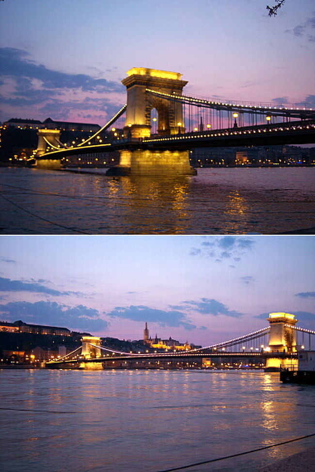 そんなこんなでボーっとドナウ川の景色を楽しんでいると、19時半頃、くさり橋のライトがポッと点灯。 <br />まだうっすらと夕焼けの名残が残っていて明るいですが、それでも光が映え、ドナウ川に反射した光は揺らめいて幻想的！！ <br /><br />懲りずにシャッターを切る、切る！切る！！！ <br />橋だけではなく、マーチャーシュ教会やブダ王宮にも明かりが灯り、辺り一面全部がきれい。 