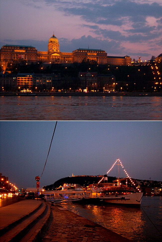 19時半〜20時の間は急速なスピードで暗くなっていきます。<br /><br />（上）ブダ王宮。右端の縦一列の明かりはケーブルカーのだと思われます。 <br />（下）くさり橋とは逆方向を向いて撮った写真。 <br />ドナウ川には船が何台も停泊していて、その船までイルミネーションがつけられています。 <br /><br />あんまり暗くなると帰りは地下鉄も乗らなきゃいけないし、駅からもちょっとだけ歩くので、後ろ髪引かれる思いでくさり橋を後に。 <br />できたらもう一回王宮の丘に登って、上からペストの夜景も見たかった… <br />結局1時間以上はいて、十分に見たはずなんですが、まだまだ見ていたいと思わせる魅力のある光景でした。 <br />この夕暮れの時間帯にくさり橋そばで過ごしたこと、一生覚えていると思います。 <br /><br />多大なる満足感を得て宿へ戻り、シャワーカーテンのない浴室でシャワーを浴びて就寝。 <br />そろそろ腰と足の痛みがなかなか引かなくなってきたので、バスタブが欲しい…。（頑張ってシャワーで足を揉みました） <br />明日は夜行列車の時間までブダペスト観光です。