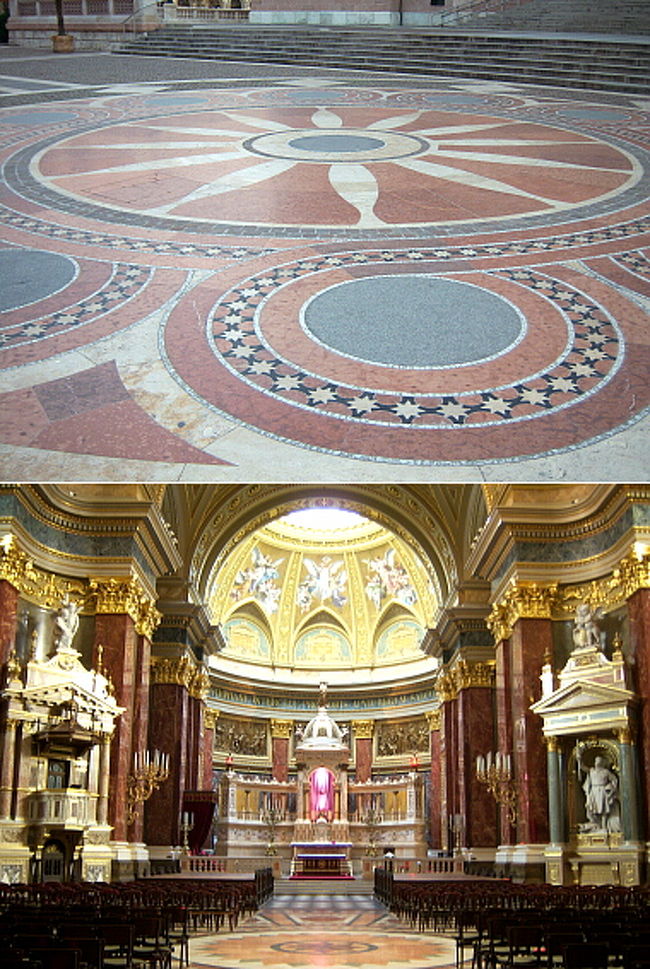 中は無料で見学できます。 <br />何時から開いてるのかわからなかったけど、9時前後には入れました。<br /><br />（上）大聖堂前の広場の模様も凝ってます。 <br />（下）大聖堂内部。意外と質素だった外見に似つかわしくない中の派手さにびっくり。 <br />中央の祭壇には初代国王イシュトバーンの右手が収められているらしい…。 