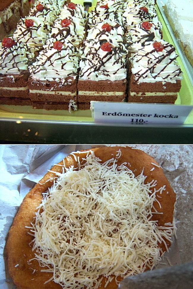 生肉が吊るされたお店もあれば、おいしそうなパンやお菓子を売っているお店、パプリカばっかりずら〜〜っと並べられたお店などいろんなお店があり、1階は総じて食べ物ばっかり。 <br />観光客ばかりというわけでもなく、新鮮な野菜や果物を求めて地元の人でも賑わってました。 <br />私も興味深げに眺めてたんですが、1件のケーキ屋さんのケーキにどうしても惹かれ、食べたい欲求が抑えられなくなったので1個だけ買ってみることに。<br /><br />（上）購入したケーキはこんなふうに並んでました。さくらんぼのケーキ。1つ110フォリント（＝45円くらい）とは安い！ <br />（下）Langosのチーズ乗せ。これに関しては後述します。 <br /><br />1個だけ買うなんて顰蹙買うかな…とも思ったのですが、嫌な顔などは全くされず、ハイハイと手慣れた様子で1個だけ紙に包んでくれました。 <br />持ち運びはできないので、側にあったベンチで即試食。 <br />意外としっとりしたスポンジにはムースというよりしっかり固まったゼリーのようなものが挟まっています。 <br />下の段はさくらんぼのゼリー、上はたぶん…バニラ？ <br />味はかなり甘さ控えめでおいしかったです。 <br />日本の繊細なケーキとは全然違うけど、甘すぎないというだけでも合格点をあげたい。笑 <br /><br />ケーキ完食後は腹ごなしに広い市場を下から上まで隈なく探索。 <br />1階は食材中心ですが、2階は完全に観光客向けのお土産屋さんが軒を連ねています。 <br />食事できる場所もいくつかあって、そこには地元の人がビール飲んだりはしてましたが、お土産物を扱うお店の通りを歩くのは観光客ばかり。 <br />お土産にはよくある「Budapest」と街の名前が入ったお皿とか、カシミヤのショールとか、ハンガリー刺繍を施したテーブルクロスとか、パプリカ粉末とかいろいろ。 <br />ここに行けば街中でお土産屋さんを探しまわらなくても全部手に入りそうなくらい揃ってます。（値段は違うでしょうけどね） <br />私もちょこっとだけここでお買い物。 <br />乗って来た飛行機のライアンエアーには持ち込み荷物1人10キロまでと決まっているので、買いこむと後々大変なことになることは目に見えています。 <br />なるべく軽くて場所を取らなそうなものしかお土産には買えません。 <br /><br />いくつか見繕った後、そろそろここを出ようと歩いていたらLangosを売っているお店を発見！ <br />Langosいうのはメニューの英語表記でDeep Fried Breadと書いてあったので、揚げパンですね。 <br />ただし揚げパンと言っても日本のように小ぶりで厚みのあるやつじゃなく、平べったくてやたら巨大なもの。 <br />プラハのイースターマーケットで食べている人を見かけた時からず〜っと気になってました。 <br />ケーキを食べてから1時間も経ってないけどせっかく見つけたので購入。 <br />写真は上に乗せているのでわかると思いますが、揚げてあるパンの上に酸っぱめのチーズがわさっと散らされていました。 <br />お腹はあまり空いていないので2、3口かじって出来たての味がどんなものかだけチェック。 <br />パンはカリッとしてるのかと思いきやもちもち。歯でギリギリ噛んで引きちぎる感じ。（笑） <br />うーん…おいしくないわけではないけど、油がすごいのと味が単調なのでイマイチ。 <br />Langosで有名なお店もあるかもしれないので一概にLangosがイマイチというわけじゃないとは思うけれど…。 <br />顔より大きそうなLangosを全部食べきるのは難しいですね。 <br />食べかけのLangosはまた包みなおし、晩ご飯代わりに持ち歩きました。