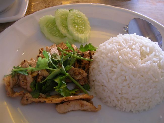 鶏肉のガーリック＆ペッパー。<br />お店の作りに比べてチョットおしゃれな盛り付け。味は良いです。店名は「カオサン」と言うバックパッカーには馴染みの名前ですね。でもこれ一回しか入らなかった。