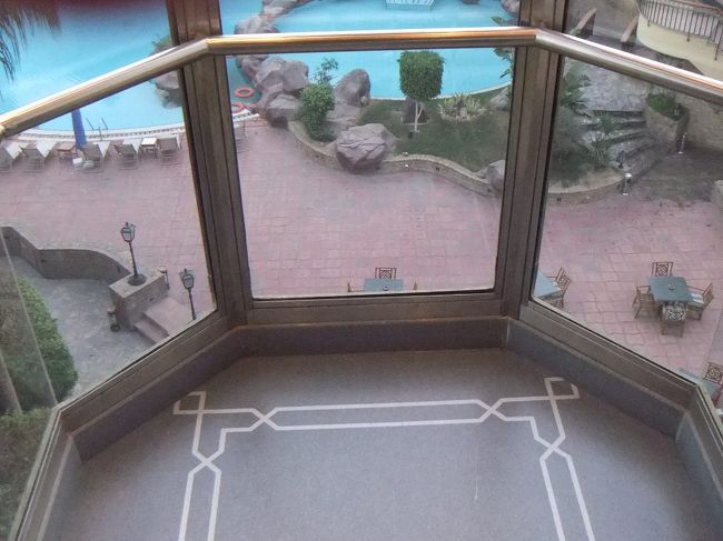 時間があるので、明るくなるのを待って中庭を散策に出かけます。エレベーターはガラス張りになっていて、