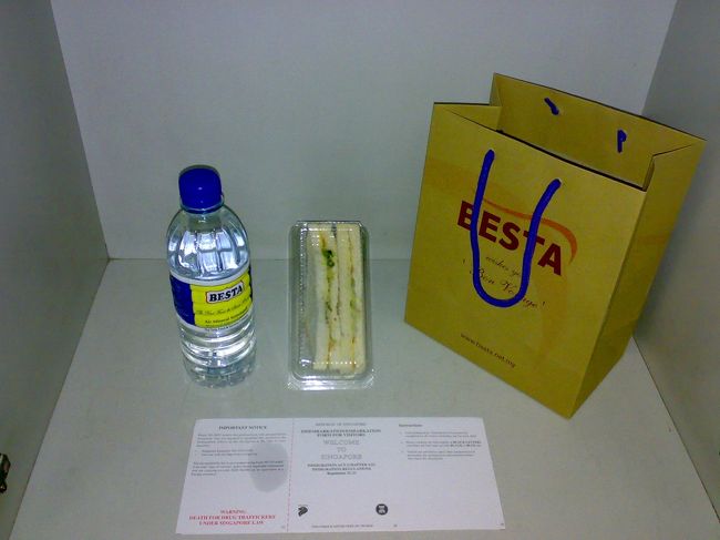 6:00頃、朝食（無料）とシンガポールの入国書類が届く。<br /><br />ツナサンドおいしかった。<br /><br />昨夜も夕食のオーダーを取りにきてくれたのだが、チケット代に含まれているとは知らず、というよりおなかの調子が悪くてお断りしていた。