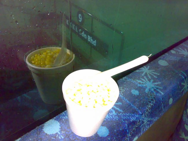 反射しちゃってますが、窓に映った方を見ていただければ。<br /><br />ただのコーン！？<br /><br />あったかくて、冷えた体にしみわたる〜。<br /><br />おなかぺっこぺこだったんで、本当においしかった。<br /><br />KLまでは、たったの2h。<br /><br />こんなに近いなら、またいつかリベンジしてやる〜。<br /><br />　20:00 マラッカ発 → 22:00 KL着 RM12.2 (\305)