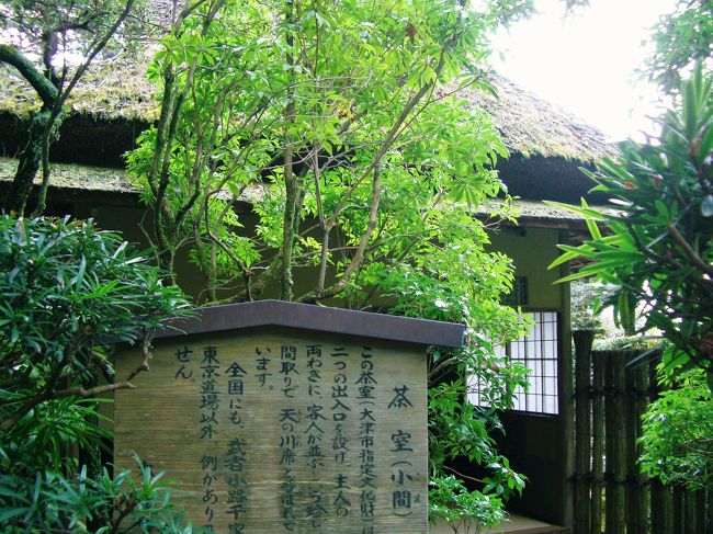 庭園内には２棟の茶室とあずまやがある。<br /><br />なかでも入母屋造り萱葺きのこの茶室(小間)は<br /><br />「天の川席」と呼ばれる珍しい間取りだそうです。