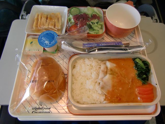 妻は魚を選択（写真）。これもうまい！妻も完食し、二人ともエジプト航空の食事に合格点をつける。ただし、エジプト・ルクソールまで14時間のロングフライトはきつい。