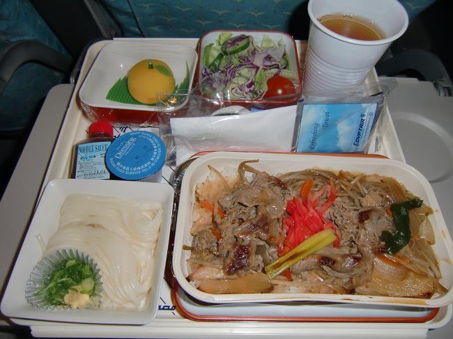 フライトの真ん中くらいで「おにぎり」と飲み物のサービスがあり、到着２時間前くらいに、２回目の食事（ディナー）がはじまった。何と和食２種類からの選択で妻は牛丼（写真）を選択。
