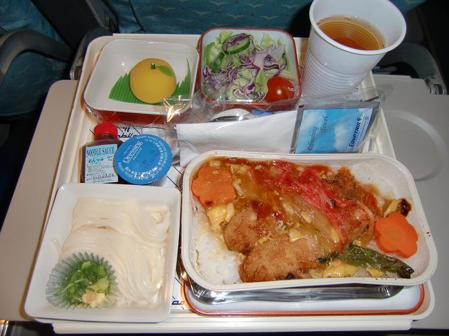 私は天丼（写真）を選択。妻と半分づつ分けて両方食べる。うまい！ソーメンも和菓子もGood.すべて完食する。エジプト航空の機内食なかなかやるね〜。