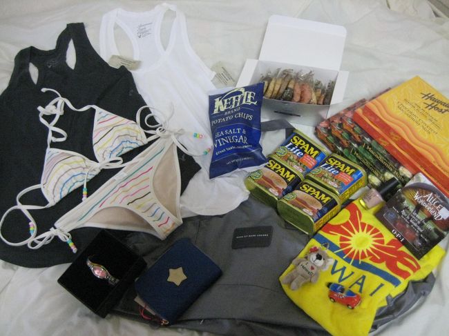 Hawaii(一点だけSEOUL)で購入したお土産たち<br /><br />・タンク2枚(American Eagle Outfitters)<br />　アラモアナで購入。2枚で$20で格安な上に、お金が足りないと言ったら安くしてくれました。普通じゃありえないよね。<br /><br />・水着(Loco Boutique )<br />　柄は可愛いのだけれどビキニのサイズ失敗した。Sなのにたぶん日本のMサイズ。<br /><br />・青い財布(SEE BY CHLOE)<br />　DFSで。鮮やかな青に一目ぼれ。ヴォッテガの財布と迷ったんだけどヴォッテガを買うと他のもの買えなくなるので…。お金たまるまでSEE BY CHLOE！<br /><br />・腕時計(Paul Smith)<br />　ソウル空港の免税店で。30周年記念で15%オフの上に値引きしてもらったよ。<br /><br />・グレーのナイロンボストンバッグ(MARC BY MARC JACOBS）<br />帰りに荷物増えるかなあとおもって購入。これにお土産入れて帰ったよ。<br /><br />・OPIマニキュア(ベージュと日本未発売キット)<br /><br />・I LOVE HAWAIIベアーのキーホルダー<br /><br />・ビートルのHAWAII版チョロQ<br /><br />・doleのハンドタオル<br /><br />・ポテトチップス<br /><br />・ホノルル・クッキー・カンパニーのパイナップルクッキー20枚<br /><br />・スパム4つ<br /><br />・チョコレート5箱<br /><br />4人の中で一番少なかったかなぁ。<br />洋服もうちょい欲しかった！
