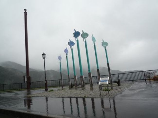 次は大内山インターに向かいます。<br />途中で野生の猿を見かけました。<br />荷坂峠の展望台に到着。<br />マンボウのオブジェがありました。<br />ところが雨が激しくて展望どころではありません<br /><br /><br />