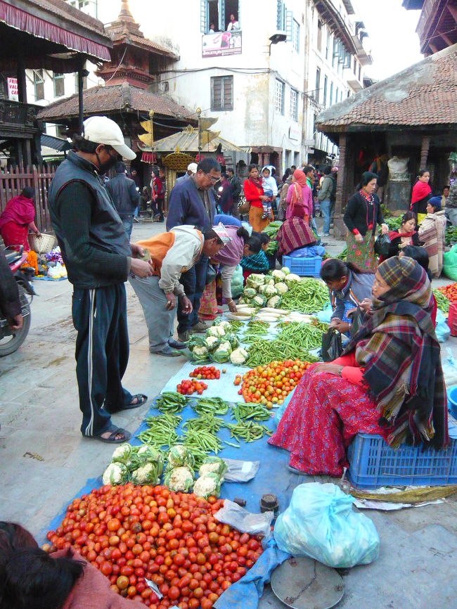 カトマンズのダルバール広場。<br /><br />路上で野菜とか花を売ってました。<br />花はマリーゴールドが多かったです。<br />しかも花の頭だけ。<br />何に使うんでしょう。