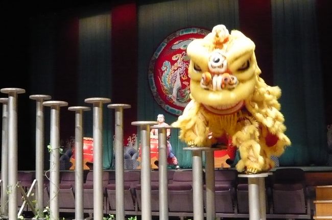 つぎは　獅子舞、　見ていてもハラハラ　ドキドキ。　２ｍ以上もの足場の上を軽々と！