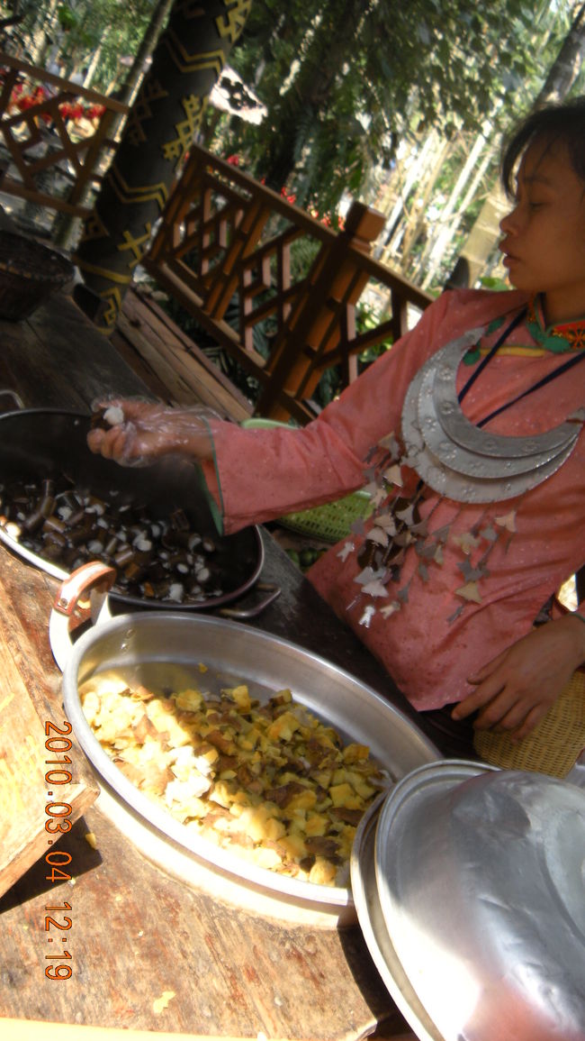 ちょっとした試食もありました。<br />ほんの一口です。<br />竹に詰めたお米を蒸したものや、芋を蒸したものなど。