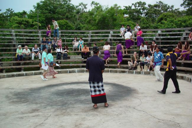 こんな円形の観客席に座っていきます。<br />開始時には満席でした。