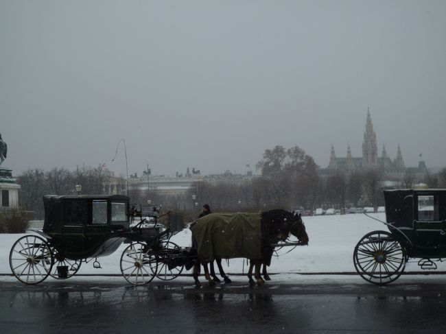 王宮を出ると、いつの間にか雪が降っていました。<br />ウィーンでは朝雪が降りましたが、昼前に止みました。