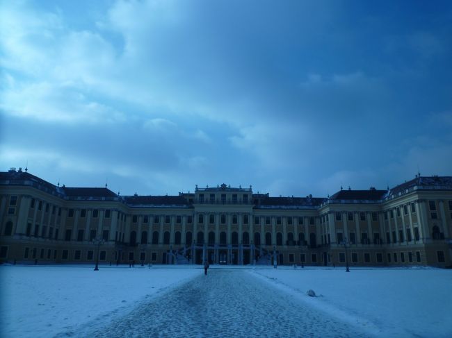 ２日目は朝から雪が…。<br />凍えながらも朝一で地下鉄と国鉄を乗り継ぎ、シェーンブルン宮殿まで行きました。<br />王宮と同様、ここでもオーディオガイドが無料で借りられました。<br />各部屋の解説やシシィとヨーゼフ１世のエピソードを聞きながら見て回ったのですが、宮殿はとても豪華で美しかったです。<br />特にかつて舞踏会が開かれていた大ギャラリーは素晴らしいです。<br />でも残念ながら中は撮影禁止でした…。<br />それとここはツアー客がすごいので、人の少ない朝早くに訪れた方がいいかと思います。<br />また、前日王宮観光の際に共通券のシシィチケット(22.5ユーロ)を購入していたので、並ばずに入れました。<br />特に混みそうなシーズン時はお勧めです。<br /><br />しかしこの写真…ホワイトバランス変えたまま撮影してしまったから若干青っぽくなっていましました(笑)