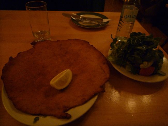 この日の夜ごはんはウィーナーシュニッツェル(子牛のカツ)です。<br />旧市街にあるフィグルミュラーという店に行きました。<br />大きなカツは意外に薄かったです。でもこれで十分。<br />むしろ一緒に頼んだミックスサラダがボリューム満点！<br />食べ過ぎました…。<br />チップ込みで２０ユーロくらいだったと思います。