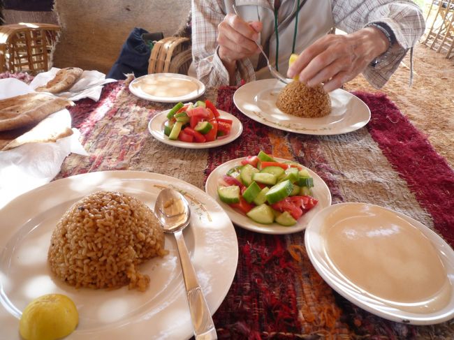 ボートの近くでボートマンを待っていたら、別のボートが来て上の小屋に行った。<br />全然知らない人が「カーム、カーム」と呼んでると言うので小屋へ行ったら「レストランで食事するよう伝言を頼まれた」との事。<br />何処にレストランがあるのかと思ったらこの小屋であった。<br />カイロでお世話になったドライバーが私に、「観光地のトイレは綺麗ではないので使わないように。トイレへ行きたくなったら教えて。綺麗な所を見つけるから」と言ってくれたが---。今日までホテルのトイレか　レストランのトイレしか使っていない。<br />食事の前にトイレへと思ったら小屋の外。<br />小屋の割には客が居ないためか　まあまあのトイレ。トイレットペーパーもあったので良い方だと思う。<br />食事は初めにアエーシーと右端のペースト状の物が出てきた。主人は食べていたが私は顔に止まるハエが気になって食べにくい。そのうちハエがペースト状の中に墜落。<br />余計に食べる元気が無くなってしまった。<br />ボサーっとしていたら、ライスが運ばれてきた。<br />１口食べると、なかなか美味しい。<br />思わず写真を撮ってみた。<br />先ほどのハエはペースト状から既に手前に脱出していた。<br />ご飯とサラダをモクモクと食べた。<br />