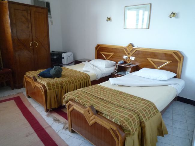 アスワンで泊まったSホテル。<br />３泊２人で朝食付き３００ドル。<br />バスタブは使えた。<br />カイロの安ホテルで水漏れがあったので　恐る恐る使ってみたが大丈夫だった。<br />部屋からベランダに出るドアの下に隙間があり過ぎるので寒い日に泊まるのは不適。<br />初日には風があったので２人分の靴を並べバスタオルを詰めて風が入るのを防いだ。<br />真夏は蚊が入ってくると思う。<br />色々行きたい所へ連れて行ってくれたので文句は言えないが立地条件はあまり良くないところ。<br />毎日帰りの車でお水を買うためお店に立ち寄ってもらった。<br />そのうちこの辺りも綺麗になってくると思う。<br />１時間おきに町中までシャトルバスが出ていたようだ。私達は毎日遊びに出かけていたので町中に立ち寄っていない。<br />このホテルの良いところは、ベランダからの眺めが良いところ。<br />ナイル川の自然を見ることが出来て良かった。