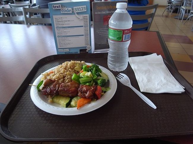 お水と、日本食のコーナーで3品選べるプレートを頼み、選んだのが写真・・・中華ですな。。