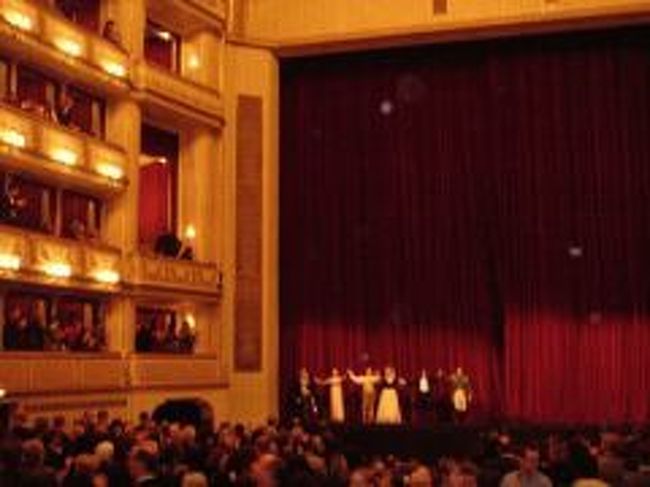 席には小さい液晶モニターが付いて、英語の字幕を表示してくれる。<br />比較的日常会話が多い劇だったから私でも何となく理解できて助かりました。<br /><br />エンディングの一枚。<br />客席から「ブラボー！」の歓声と共に、観客総立ち！<br />立ち見は結構体力が居るけど、楽しかったです（*^_^*） <br /><br /><br />毎夜楽しかったウィーンも今夜が最後・・<br />部屋へ帰って荷造りを済ませた後、ウィーンの夜を惜しむようにシャンパンを開けて<br />一人飲みをする私・・・だけど弱いからミニボトル半分でノックアウト(笑) <br />そのまま眠りました。<br /> 