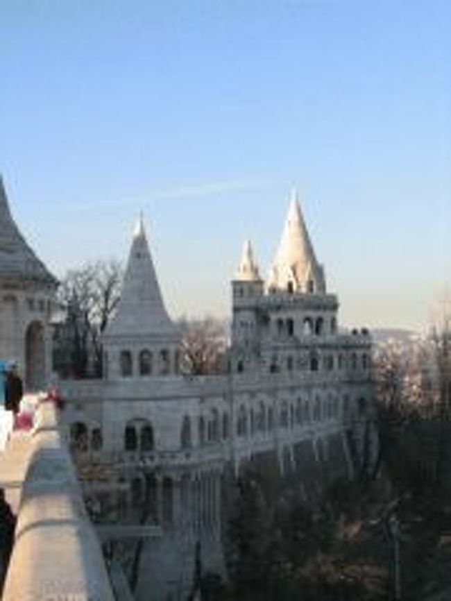 王宮の近くには「漁夫の砦」と言う建物。<br />ドナウ川が一望できる絶景ポイントの一つ。<br />だけど寒かったー！<br /><br /><br />寒いし、疲れたし、お腹が減ってたから、すぐ目の前にあったヒルトンホテルへ行き、ビジネスセンターを利用させてもらいました。<br />国鉄がストライキするそうなので、プラハまでの長距離バスをみつけないと・・<br /><br />それから、ヒルトンにあったレストランで美しいドナウの夜景をみながら豪華ディナーを食べました。<br />そこで出会った「貴腐ワイン」は、とてもおいしかった。<br />私は、ほとんどお酒飲めないけど味はよくわかります(笑)<br />このレストランのサービスはすごく良かったです！<br />帰りに、ウェイターさんからバラを1本いただきました♪