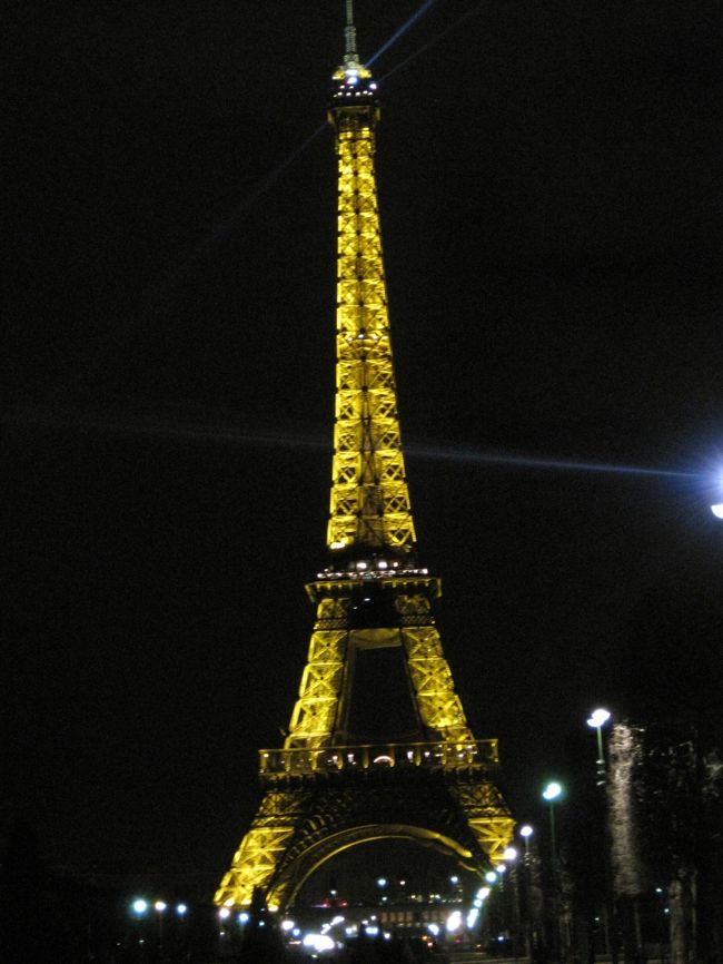 食後エッフェル塔が観たくて<br />エッフェル塔の麓のシャン・ド・マルス公園に。<br /><br />これは通常のライトアップで、1時間に一回10分間キラキラライトアップバージョンになるのですが、<br />このとき知らなくてシャッターチャンスを逃しました。<br /><br />明日また来てやんぜ！！と思って一日を終えました。<br /><br />夜テレビで子連れ狼やってたけど(フランス語字幕)<br />みるのかなぁフランスの人。