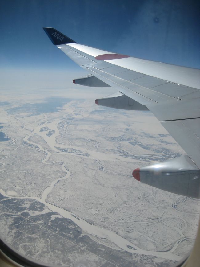 食べているうちに下の景色がどんどん白くなってきました。<br />パリまであと８時間半...さすがに長いですねー。