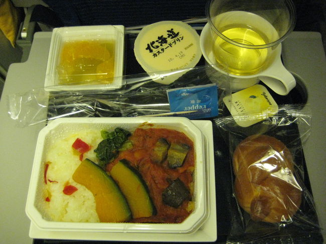 到着２時間程前に冷たい飲み物とおつまみ、<br />その後食事と温かい飲み物が出ました。<br /><br />トマト風味のポークビーンズシチュー、ブレッドロール、<br />フルーツ、プリンです。