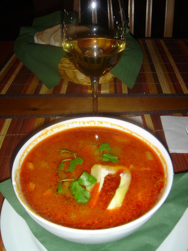 グラーシュ＆トカイワイン<br /><br />夕飯はハンガリー名物グラーシュとフォアグラを食べちゃいました。<br /><br />それがものすご〜くお安い。<br /><br />フォアグラ１皿（フォアグラの分厚いものが４切れ）、日本円で１２００円。<br /><br />グラーシュというパプリカ入りの具沢山スープが２５０円。<br /><br />これ観光客向けの高級店料金です。<br /><br /><br /><br /><br />