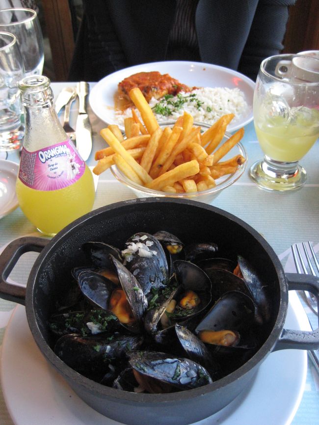 オデオン駅近くのレオンでランチを食べました。<br />サラダ＋メイン＋デザートのムニュ１１.７ユーロ２つ、<br />オランジナ３.６ユーロとショコラ・ショ３.１５ユーロ。<br /><br />メニューがフランス語で、写真も少なかったので、<br />わかる単語を見つけて何とか選択；<br />メインはムール貝の白ワイン煮４００ｇと<br />白身魚 トマトとキャビアのソースをチョイス。<br /><br />