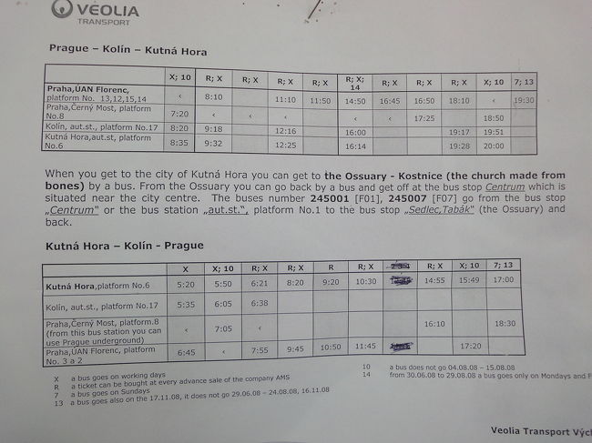 【参考】<br />クトナーホラ−コリーン−プラハのバス時刻表