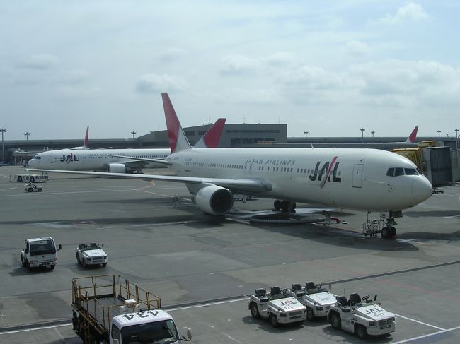 いつもの羽田〜金浦便が取れず、日航（JL）の成田〜仁川便に搭乗。<br />直前に決まった出張で一泊二日だったので、もちろん格安チケットは取れません。ですがこの便、実は大韓航空（KE)とのコードシェア便。同じ便なのにJL名で乗ると13万、KE名で乗ると6万ちょっとでした。会社経費とは言えどもここはKE便で乗るしかありません。<br />JALのマイルが貯まらないのは残念ですが、なんとコードシェア便なのにスカイチーム連合のマイルは貯まります！当方は、しっかりデルタ航空（元ノースウエスト）のスカイマイルを貯めさせていただきました。<br /><br />機材は、ちょっとくたびれ気味のB767-300。<br />いまや珍しいとも言える客席に大型スクリーンがあるタイプです。でも映画の上映はありません。<br />たった2時間足らずの旅ですが、オンデマンドタイプの個別モニターなら早送りで映画一本みれるのになぁ〜。<br />