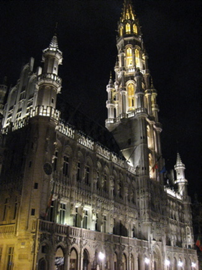 美しいグランプラス Gland-place。やはりブリュッセルはここがメイン。<br />市の中心となる広場で、中世には馬上槍試合も行われた。ヴィクトル・ユゴーが「素晴らしく大きい広場」と、ジャン・コクトーは「絢爛たる劇場」とたたえた。<br />画像は15世紀に建てられた、後期フランス・ゴシック様式の市庁舎 Hotel de Ville