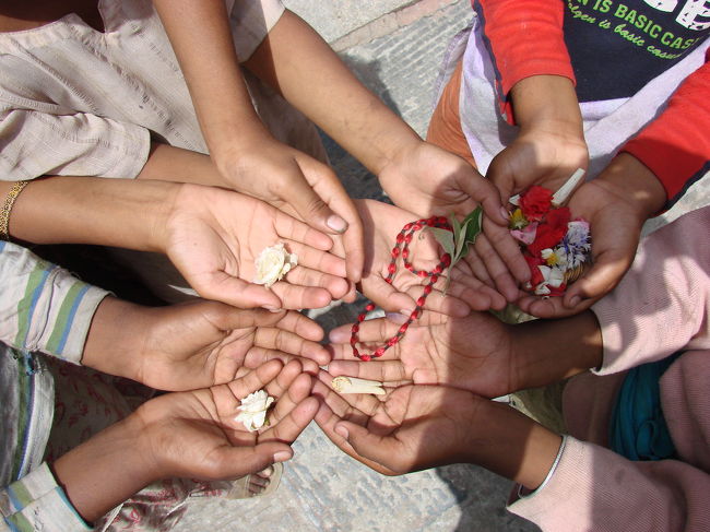 この手に持っている花をあげるからお菓子かお金を頂戴と言ってねだってくる。